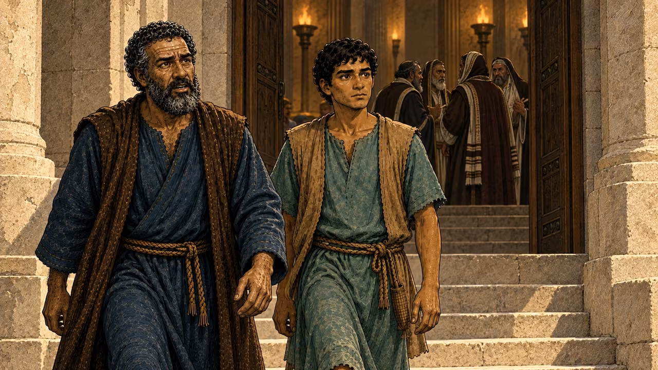 Peter and John step outside as the council begins its private discussion.