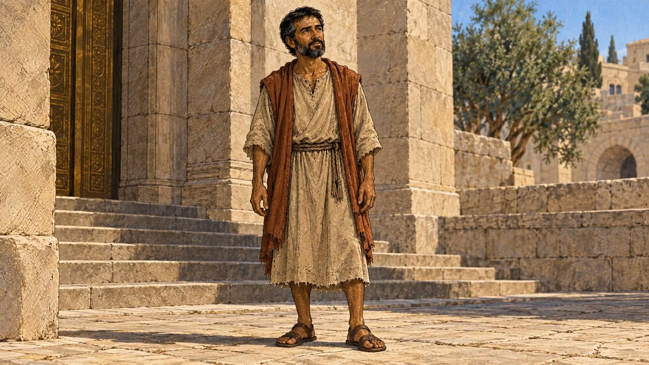 The man who had been healed stands among the people, a grown man over forty.