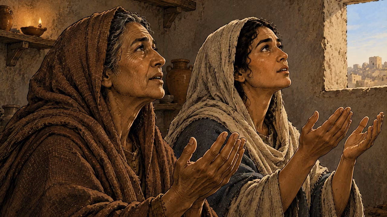 Two women lift their eyes and open hands in the gathered believers’ prayer.