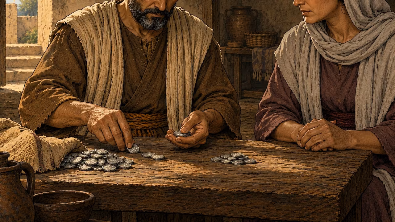 Ananias keeps back part of the price with Sapphira’s knowledge and brings the rest to the apostles.