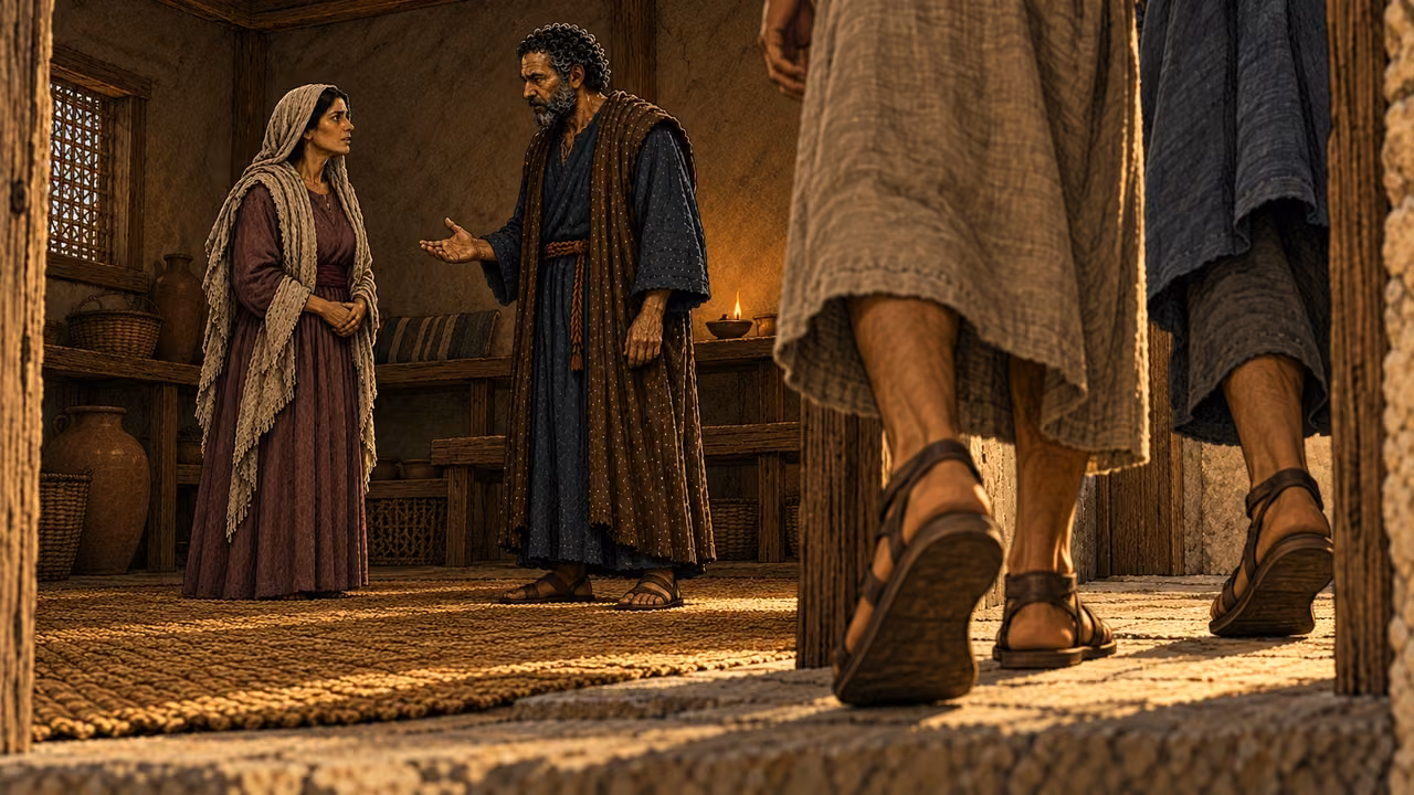 Peter tells Sapphira that those who buried her husband are at the door.