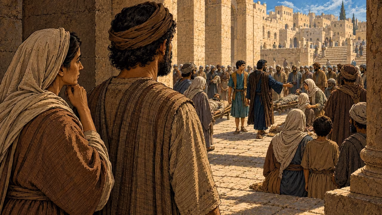 Observers watch respectfully from a doorway while Peter and John stand among the gathered believers.
