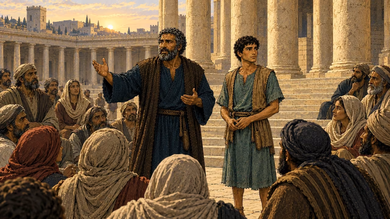 The apostles begin teaching in the Temple at daybreak.