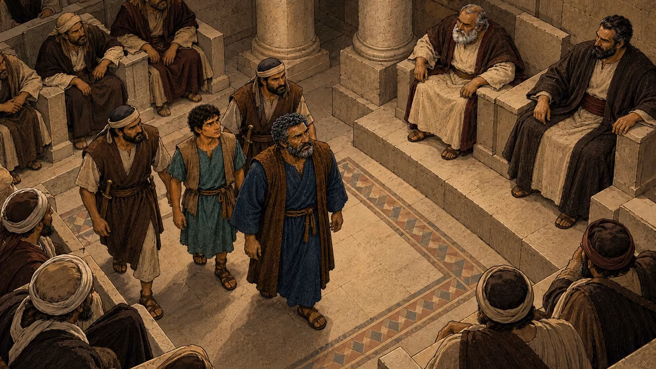 The officers bring the apostles before the council, where the high priest questions them.