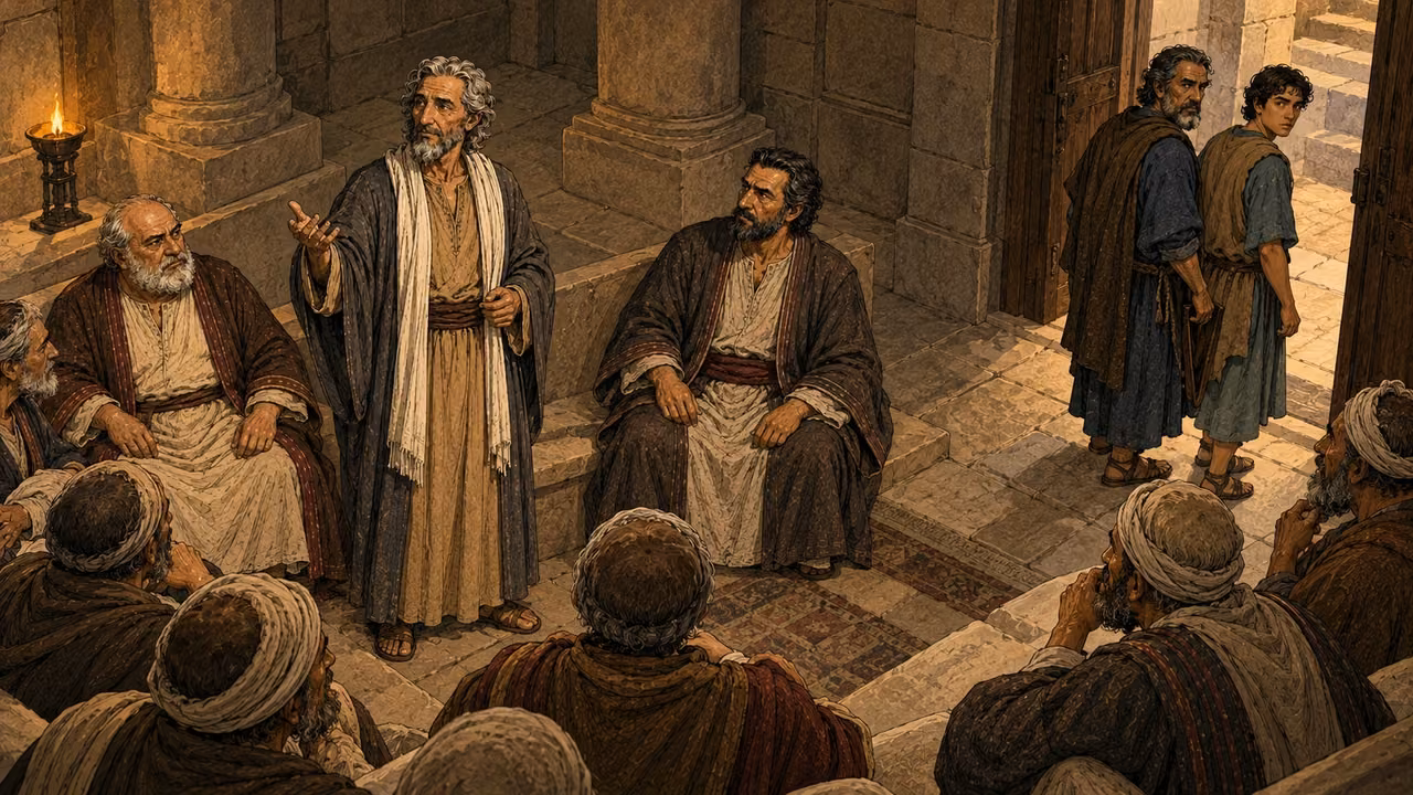 Gamaliel stands in the council and orders the apostles to be put outside briefly.