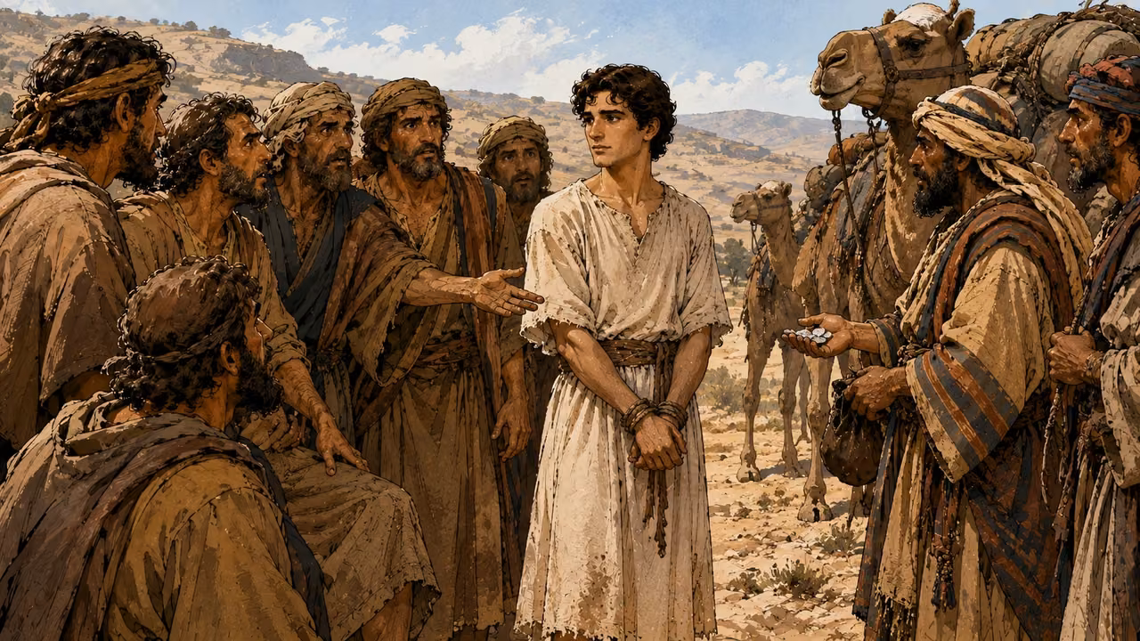 Joseph’s jealous brothers hand him over to men traveling toward Egypt.