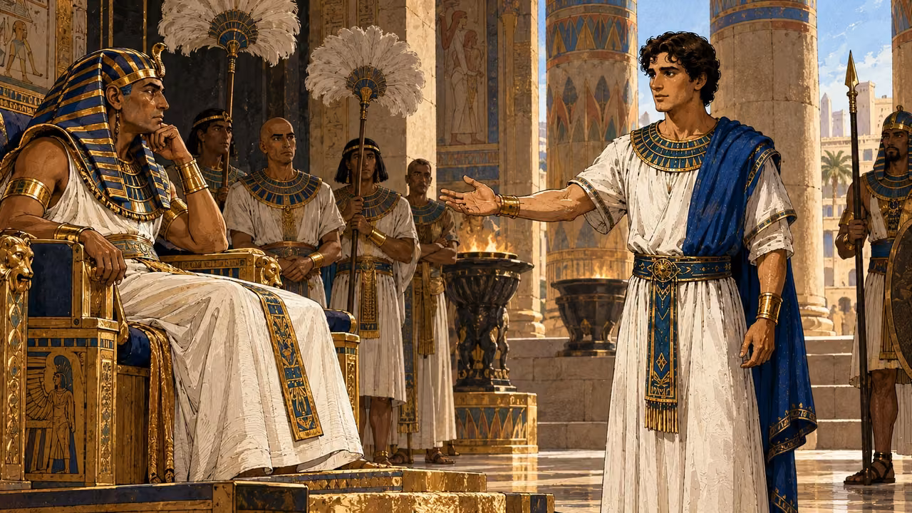 Joseph stands before Pharaoh as he receives authority over Egypt and the royal household.