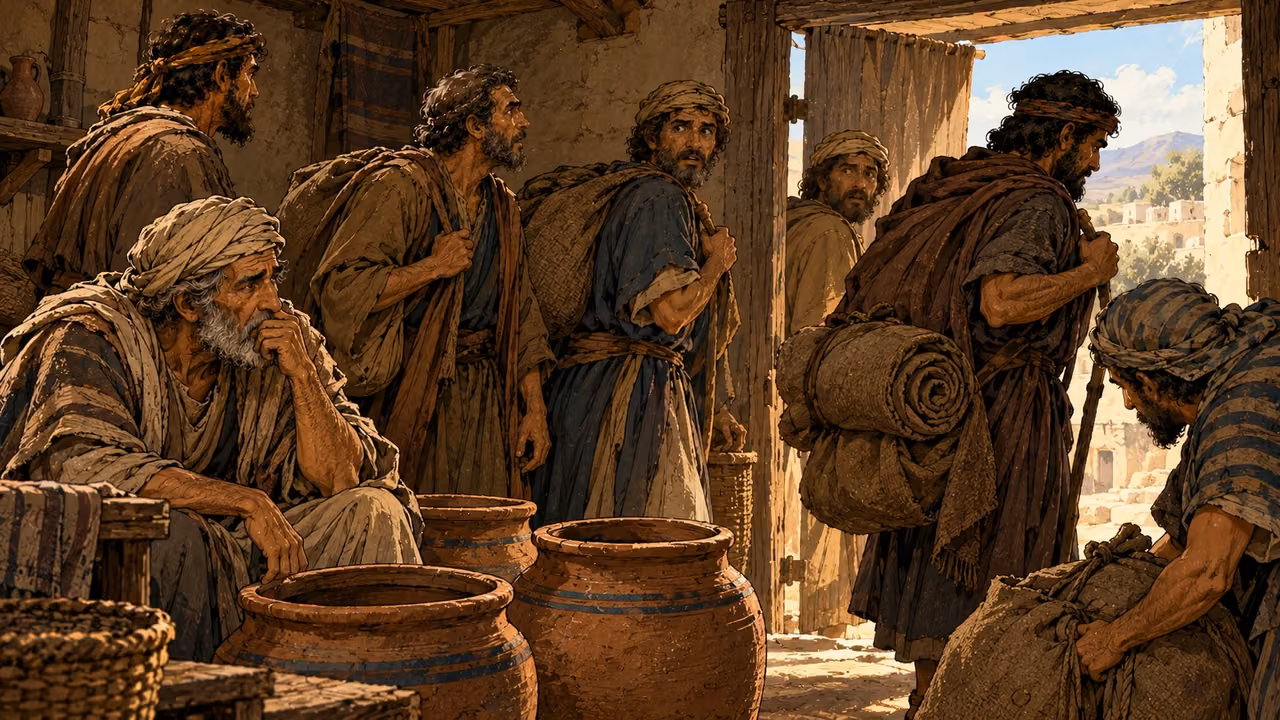 Empty grain jars surround Jacob as he sends his sons to seek food in Egypt.