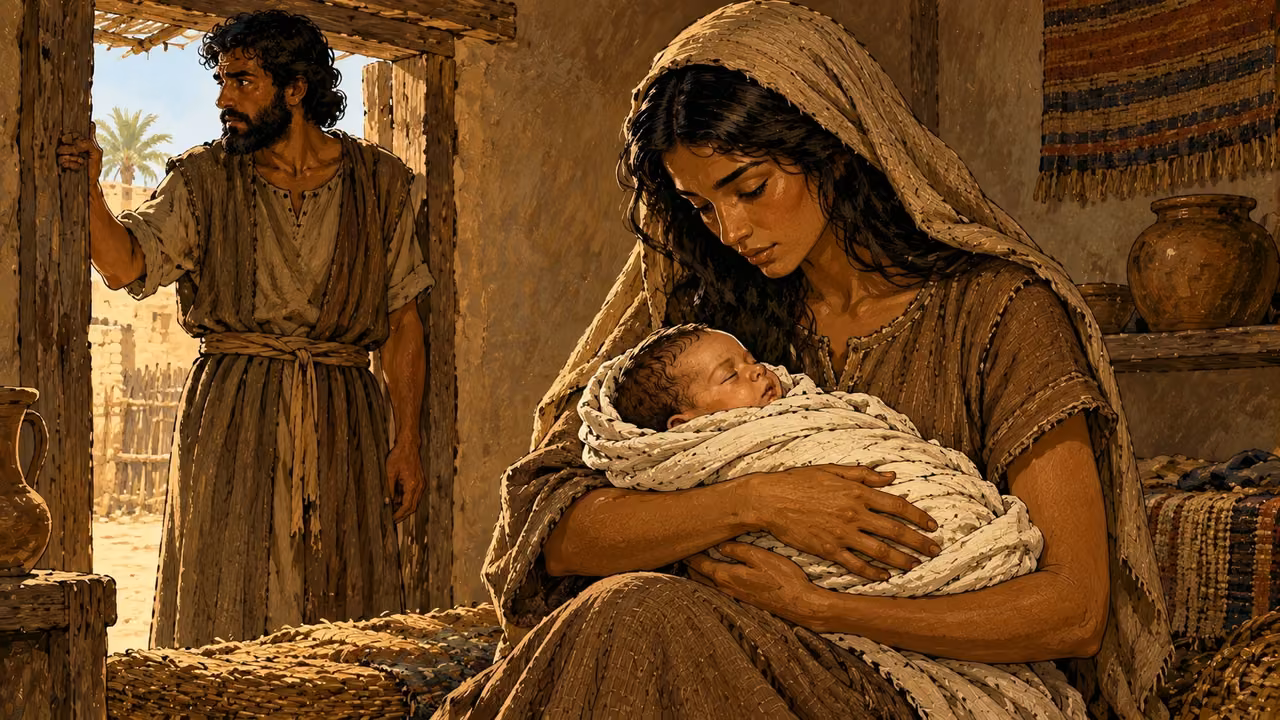 Moses’ family shelters the infant during the oppression in Egypt.