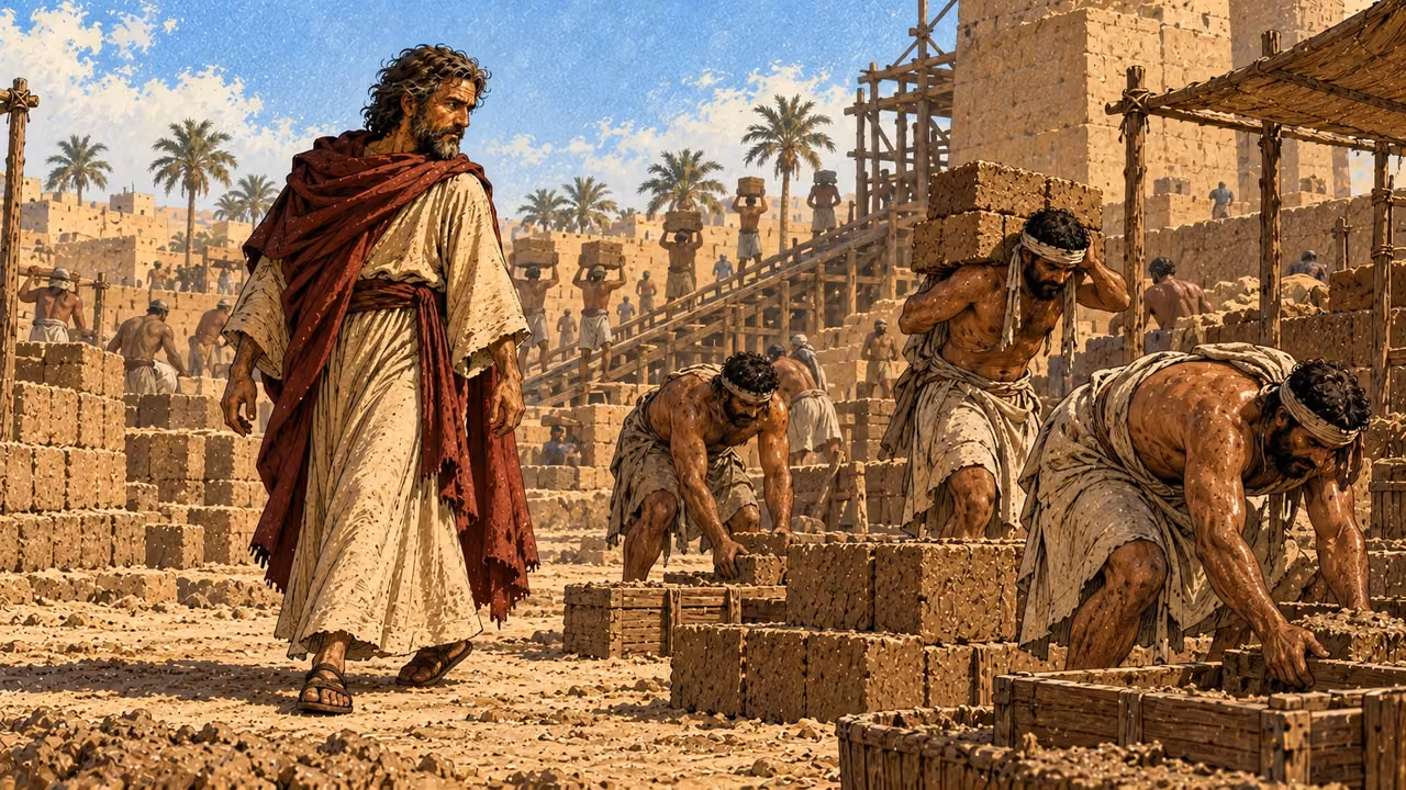 Moses approaches the laborers to see the condition of his people.