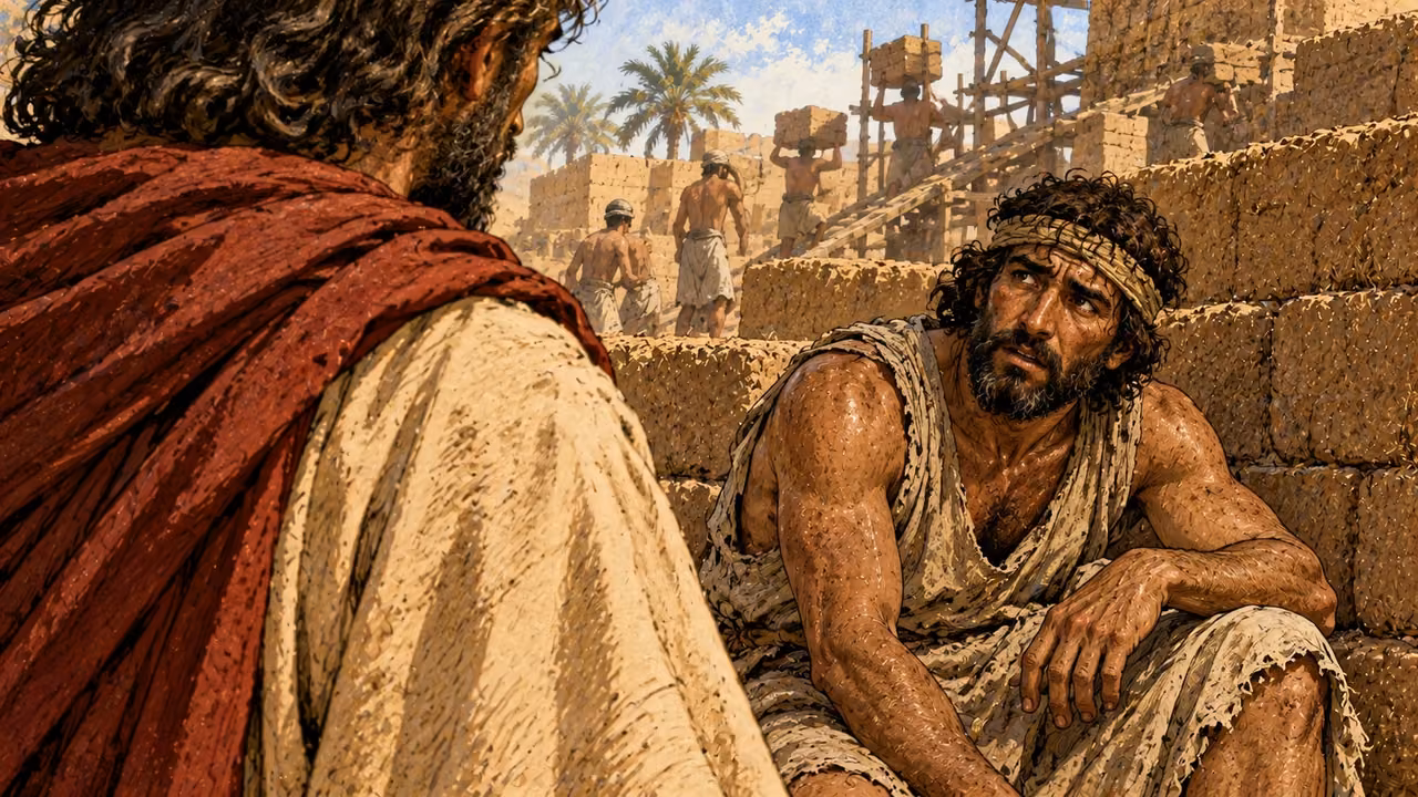 The rescued laborer watches Moses without understanding the deliverance Moses expects.