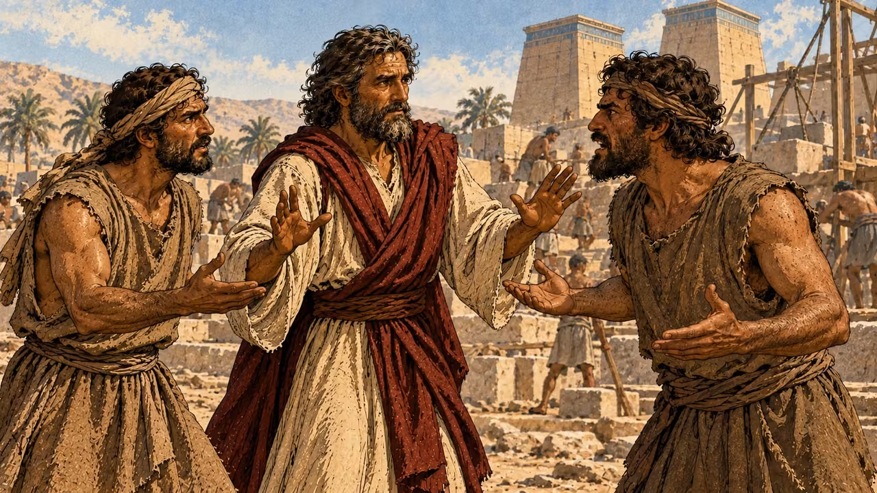 Moses steps between two men who are fighting and urges them toward peace.