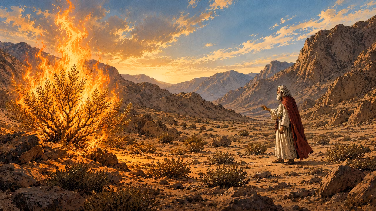 After forty years, Moses sees fire burning in a bush near Mount Sinai.