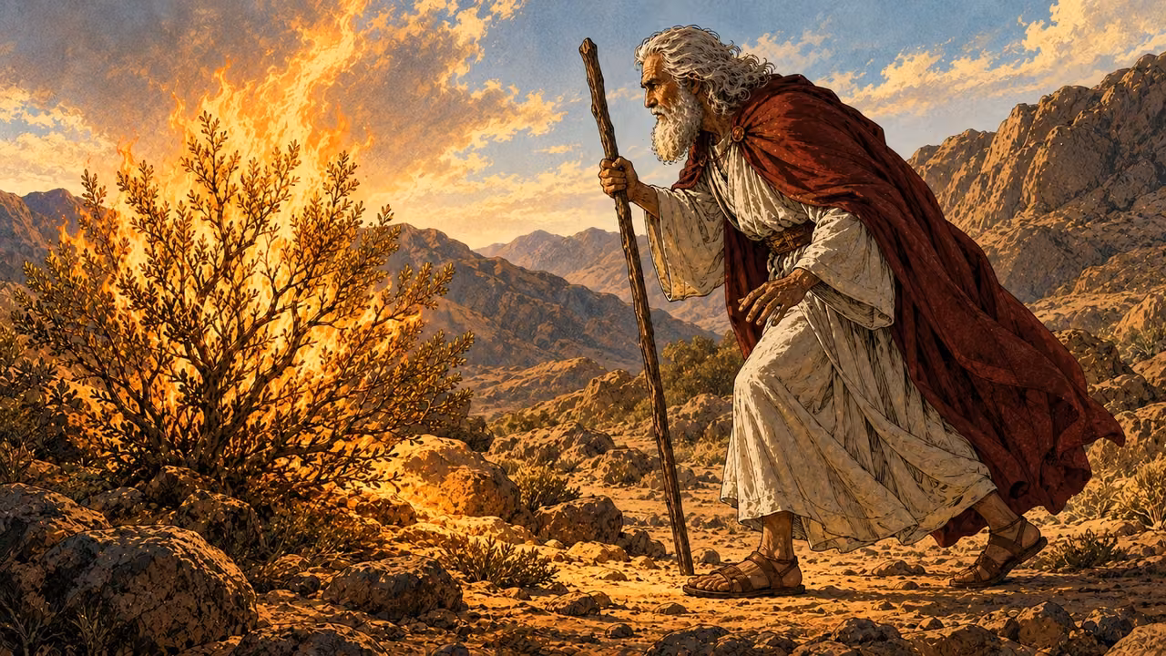 Moses approaches the burning bush in wonder as he hears the Lord’s voice.