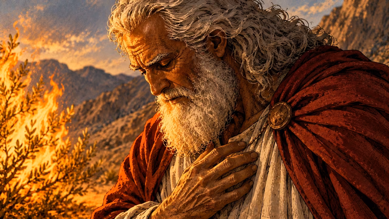 Moses lowers his gaze in fear as God identifies himself.