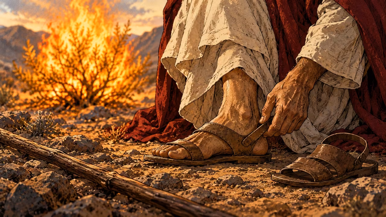 Moses removes his sandals before the burning bush.