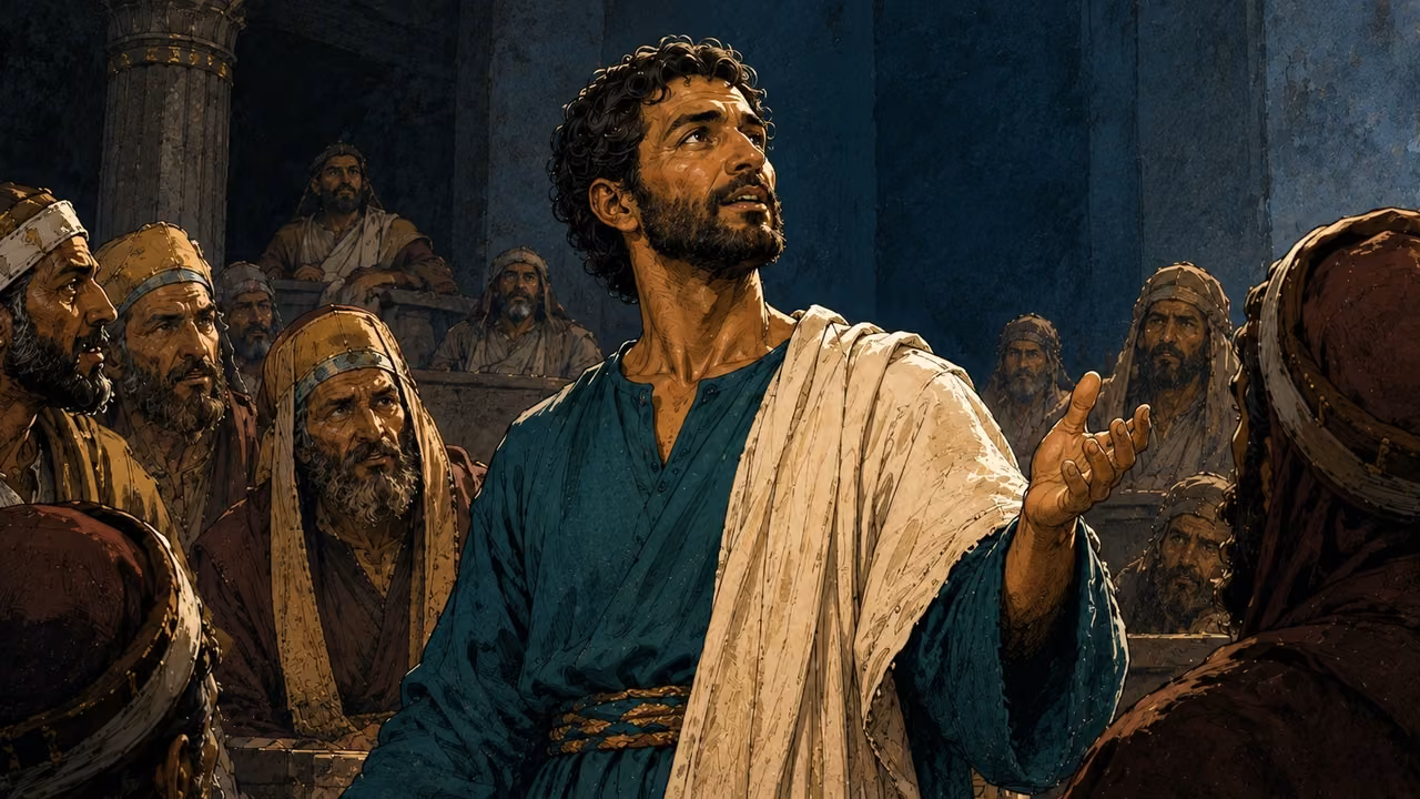 Stephen tells the council that he sees the heavens opened and the Son of Man standing.