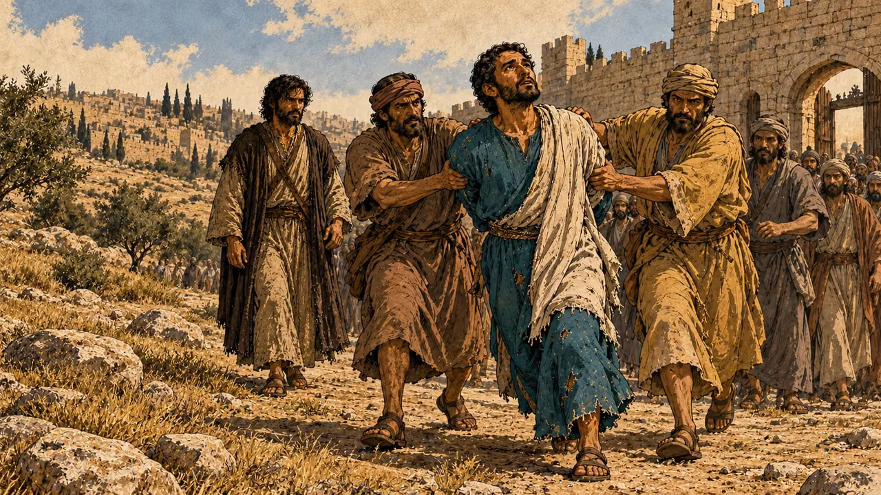 The crowd drives Stephen outside the city to stone him.