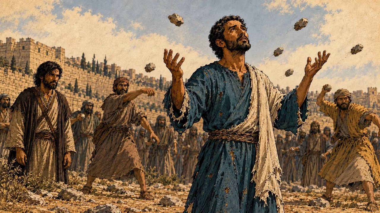 Stephen calls to the Lord Jesus as stones are thrown at him.