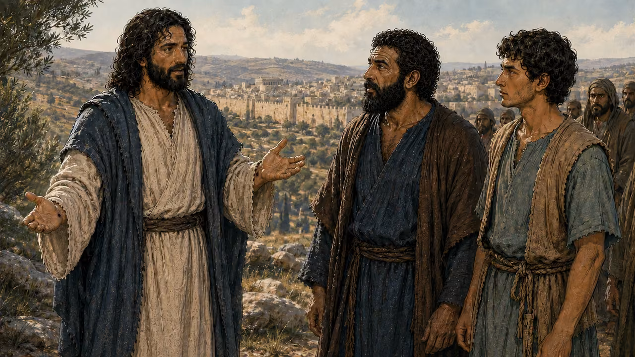 The embodied risen Jesus with healed nail marks addresses Peter and the youthful John near Jerusalem.