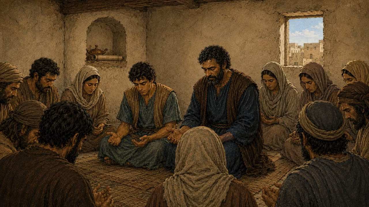 Peter and John sit with men and women in the upstairs room, heads bowed and hands open in prayer.