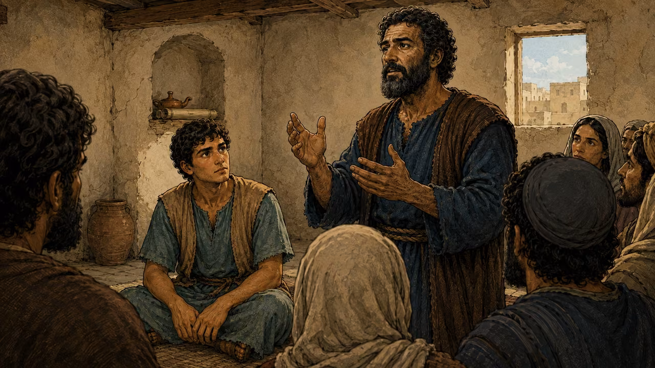Peter stands to address a gathered group in a modest upper room; John listens beside him.