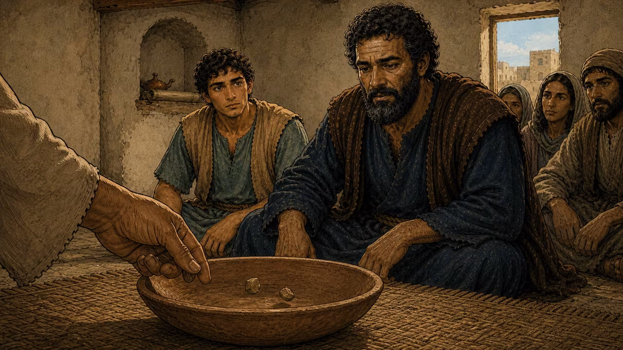 A cropped participant’s hand casts plain lots into a shallow bowl while Peter and John watch in the same upper room.