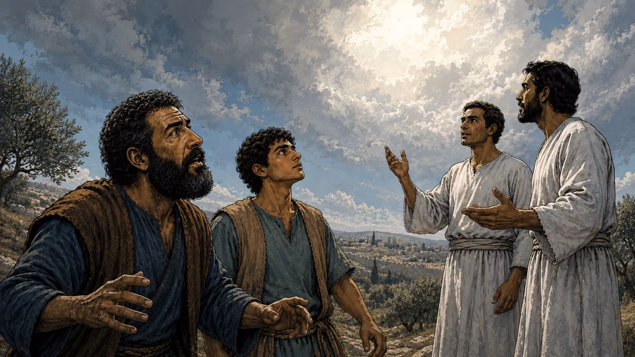 Peter and John look toward a cloud while two distinct men in plain white garments speak beside them.