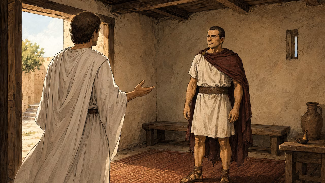 Cornelius in cream and claret faces a back-facing messenger in a simple room.