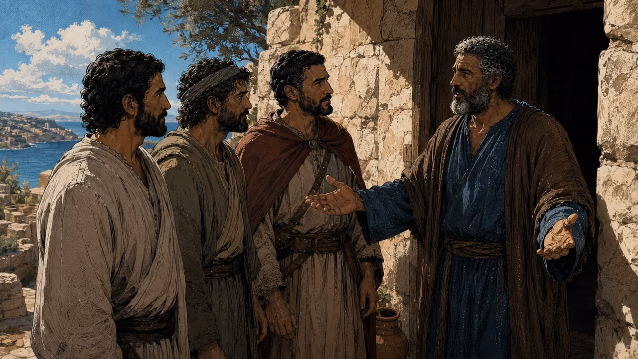 Peter welcomes three male envoys at a seaside doorway.