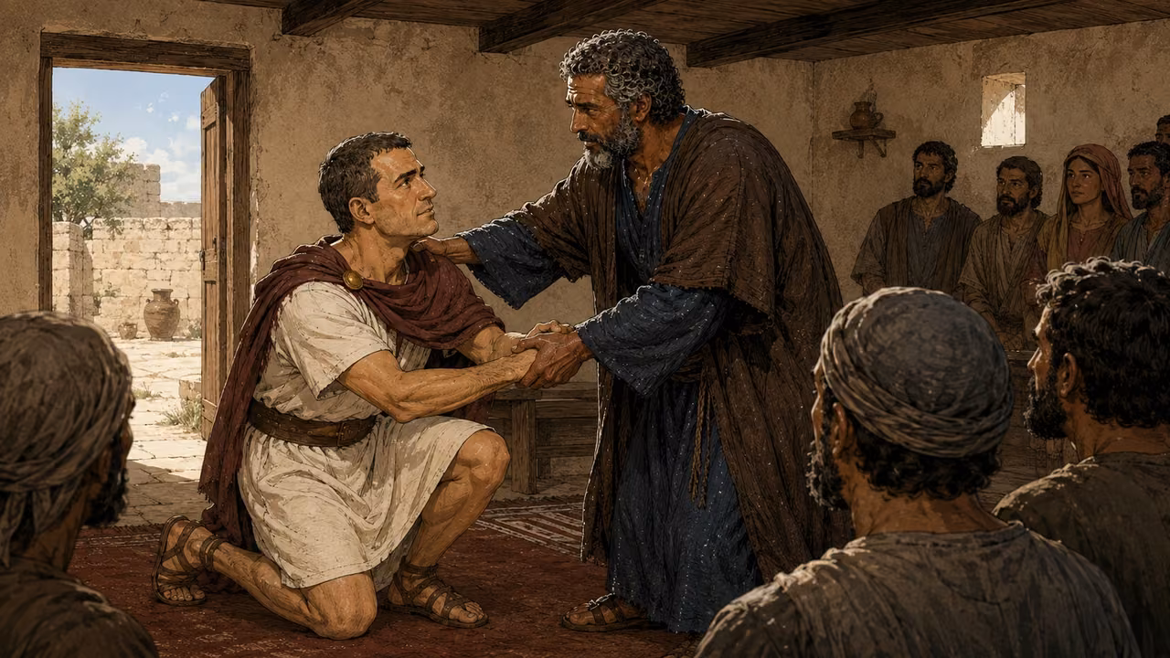 Peter takes Cornelius by the hand as Cornelius rises from one knee.
