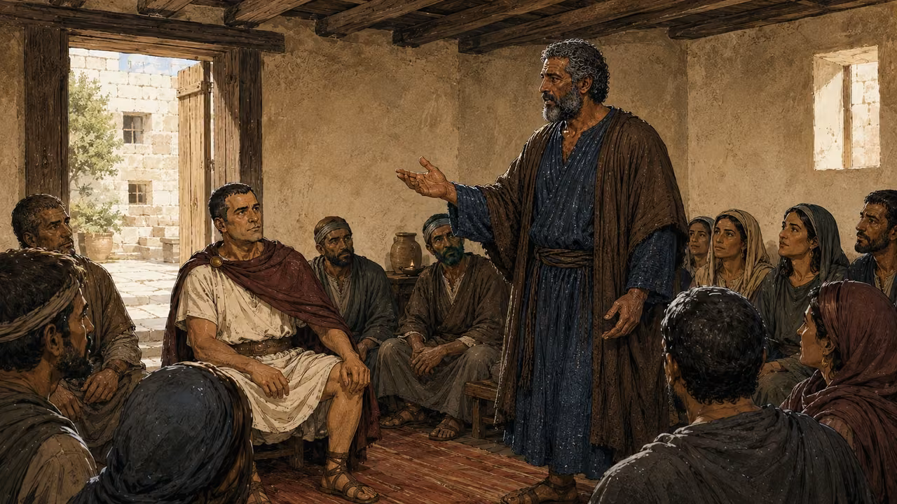 Peter stands teaching while Cornelius and other listeners sit around him.