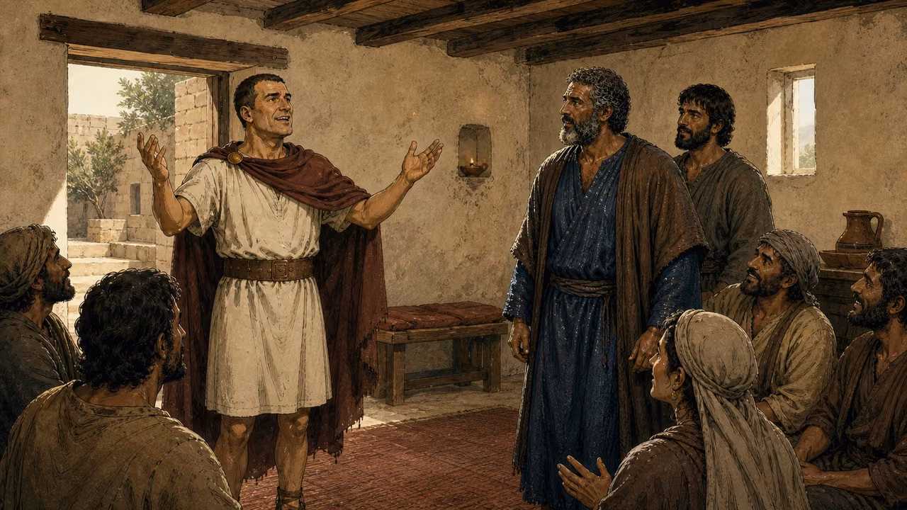 Cornelius raises his hands in praise; Peter and household members respond.