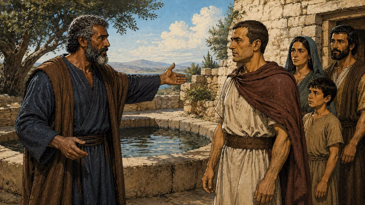 Peter gestures beside a stone pool as Cornelius and household members listen.