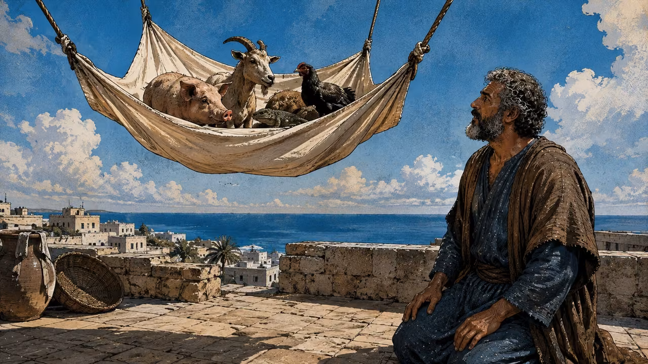 Peter in blue kneels before a suspended four-cornered sheet containing animals.