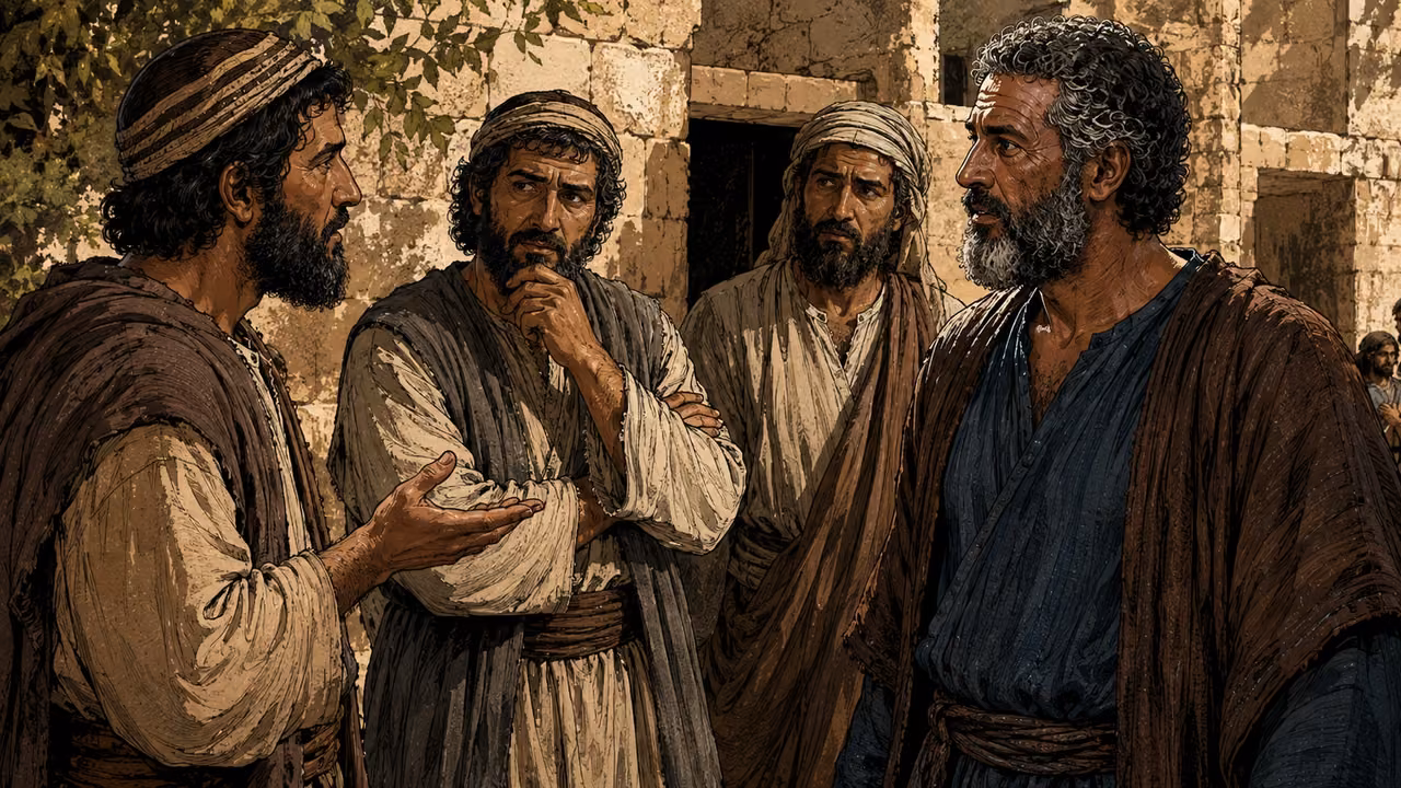 Peter listens to men questioning him in Jerusalem.