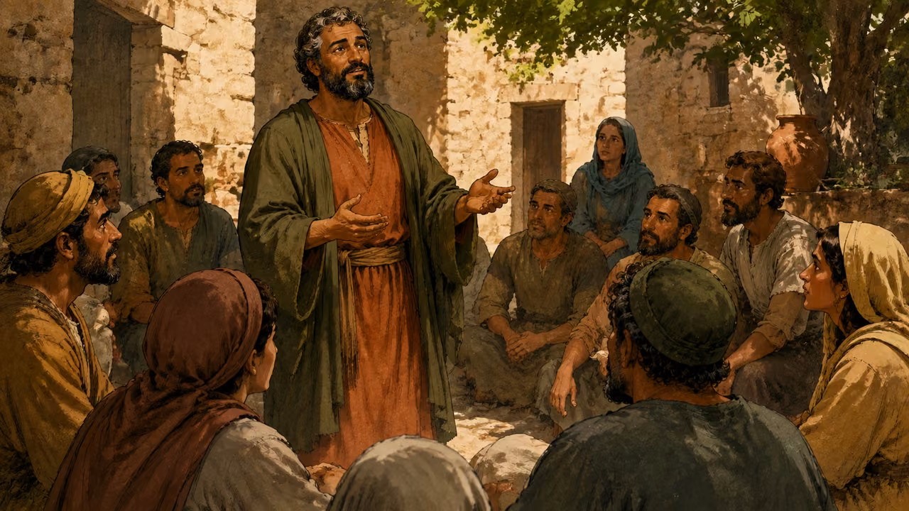 Barnabas in terracotta and olive encourages seated listeners in a courtyard.