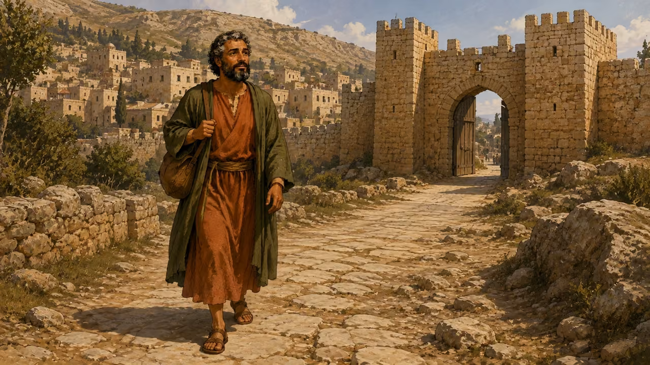 Barnabas walks along a stone road with a travel bag.