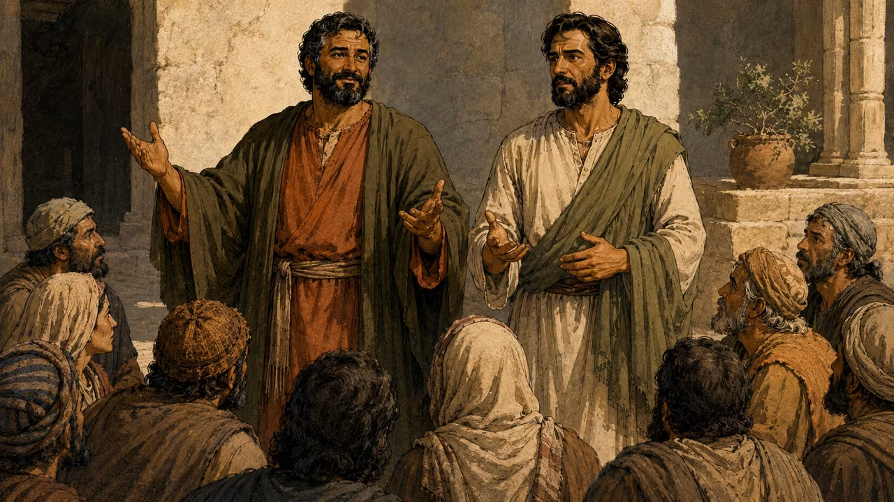 Barnabas and Saul in cream and sage-olive teach together before listeners.