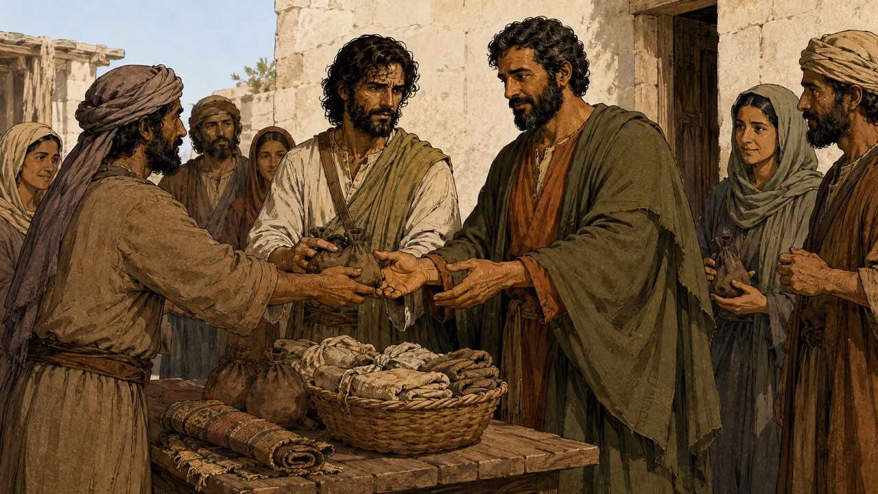 Believers offer purses and provisions to Barnabas and Saul.