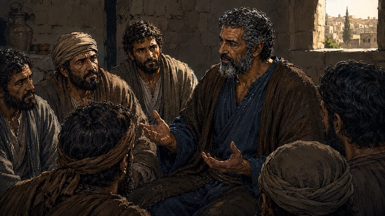 Peter explains with open hands to a group of attentive believers.