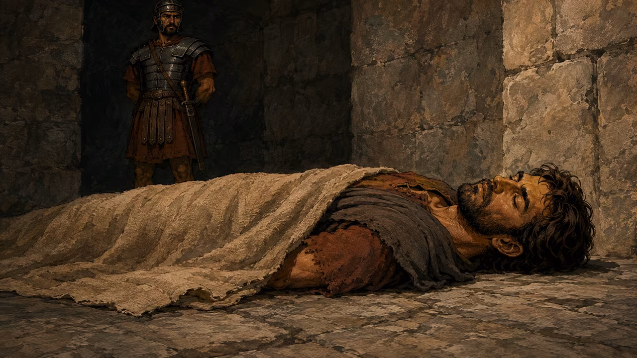 James lies still beneath a plain cloth while a guard stands back.
