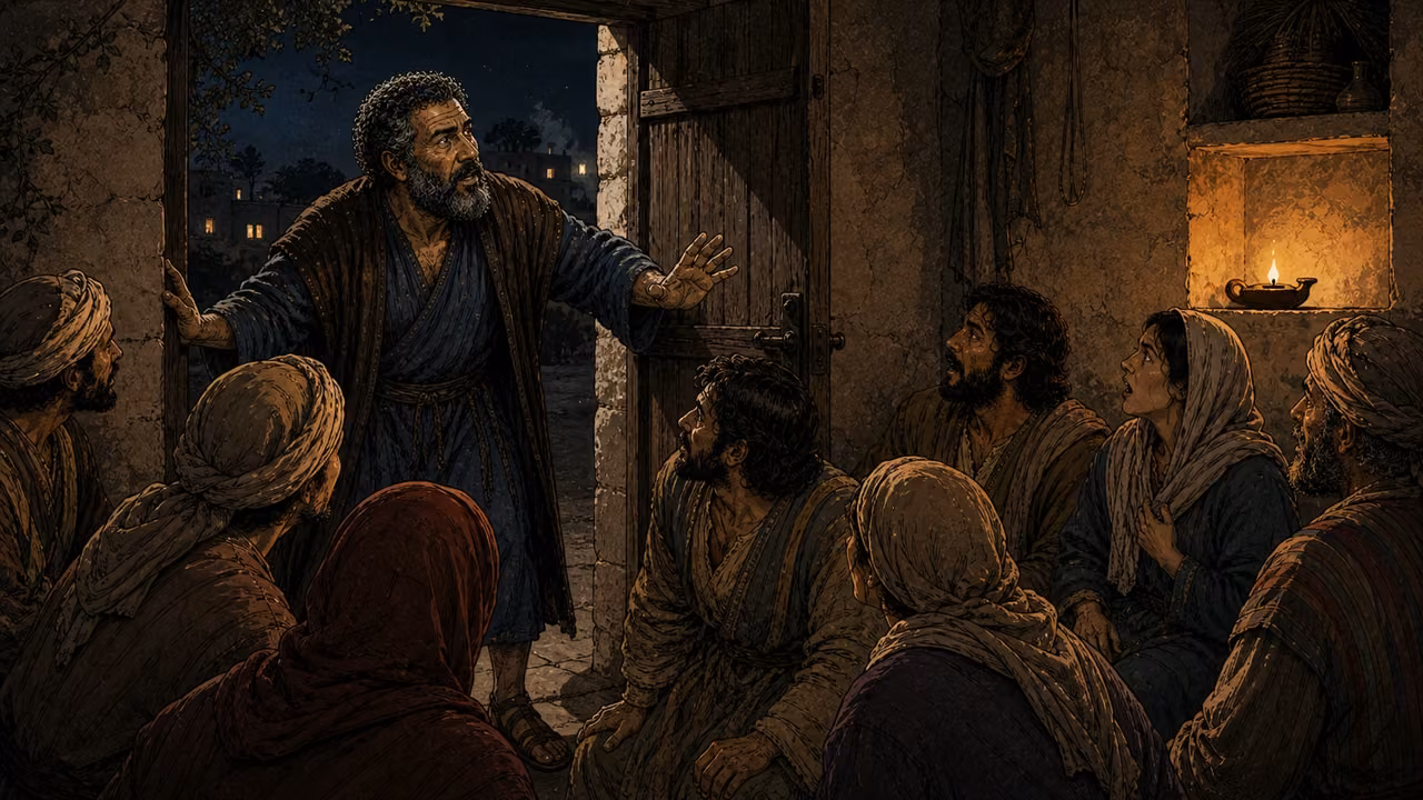 Peter stands at the open gate and raises his hand for quiet before astonished believers.
