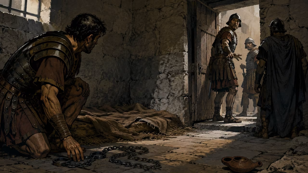 Anxious soldiers inspect Peter’s empty sleeping place and loose chains at daybreak.