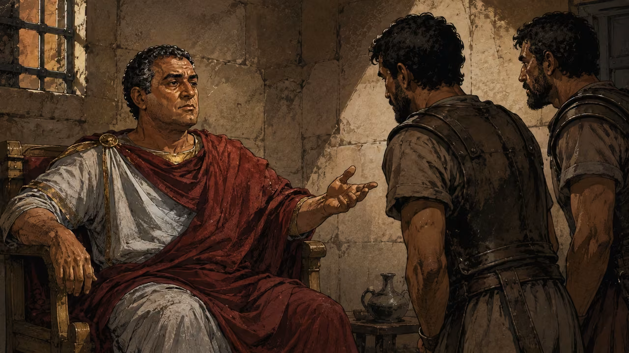 Herod Agrippa I questions two guards in a stone administrative room.
