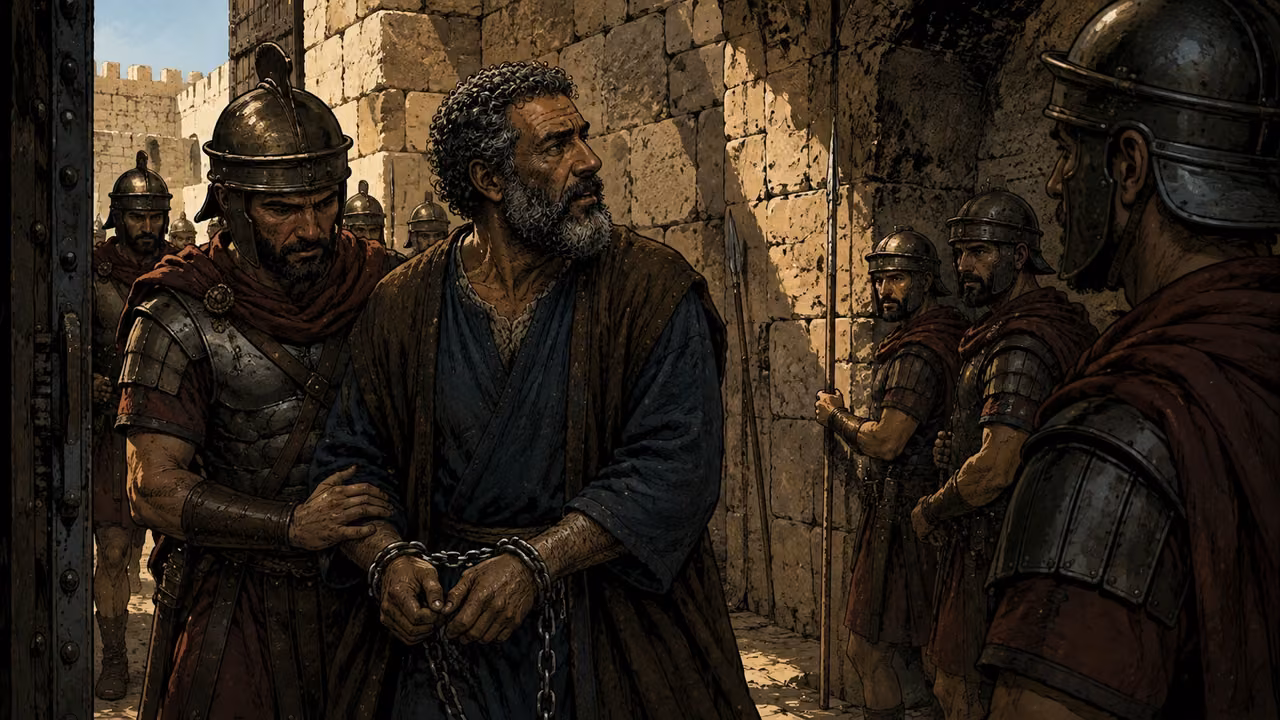 Guards escort the chained Peter into a stone prison.