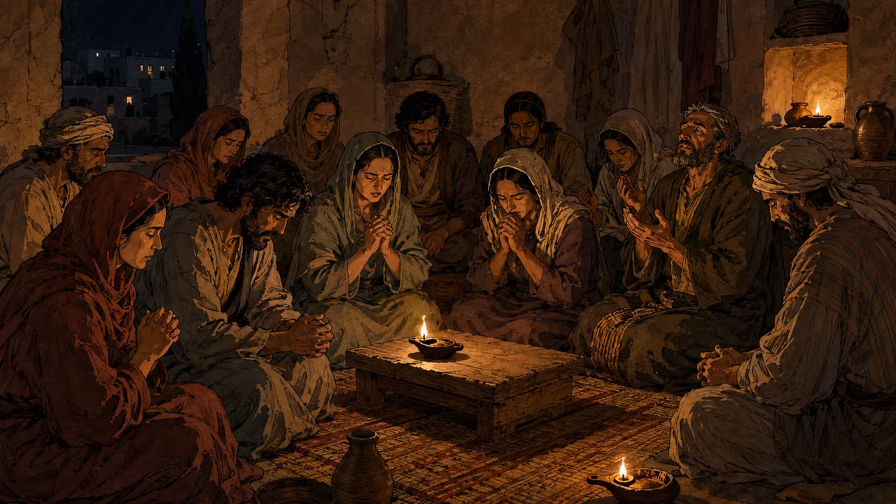Believers pray together by clay lamps in a modest home.