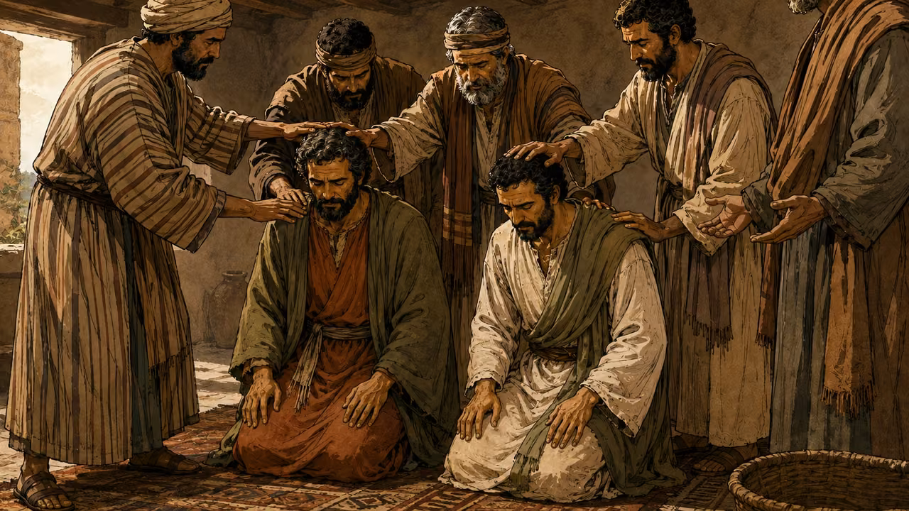 Believers lay hands on Barnabas and Saul in prayer.