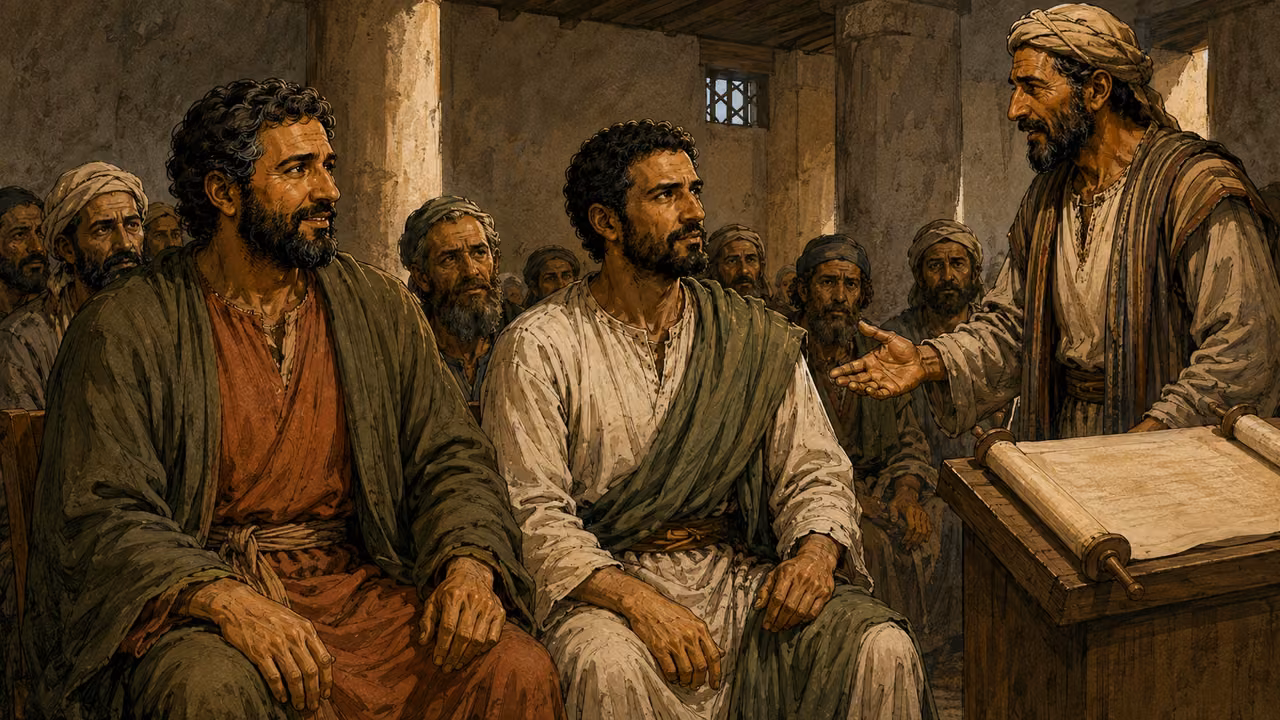 A synagogue leader addresses the seated Paul and Barnabas.