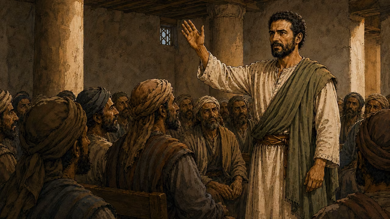 Paul stands and raises his hand as he addresses the synagogue.